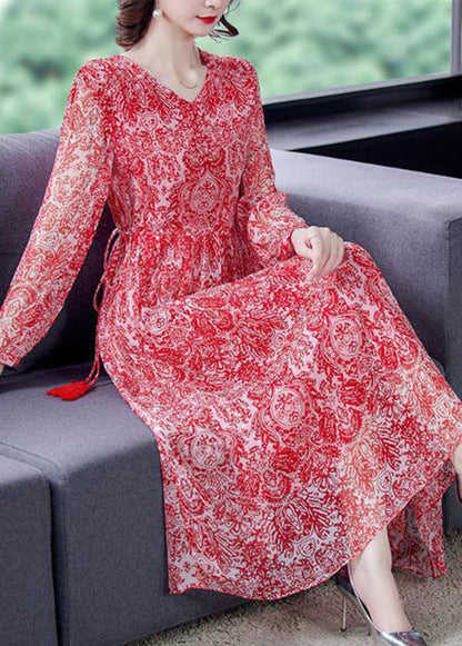 Handmade Red Cinched Print Silk Long Dress Spring LY0534 - fabuloryshop