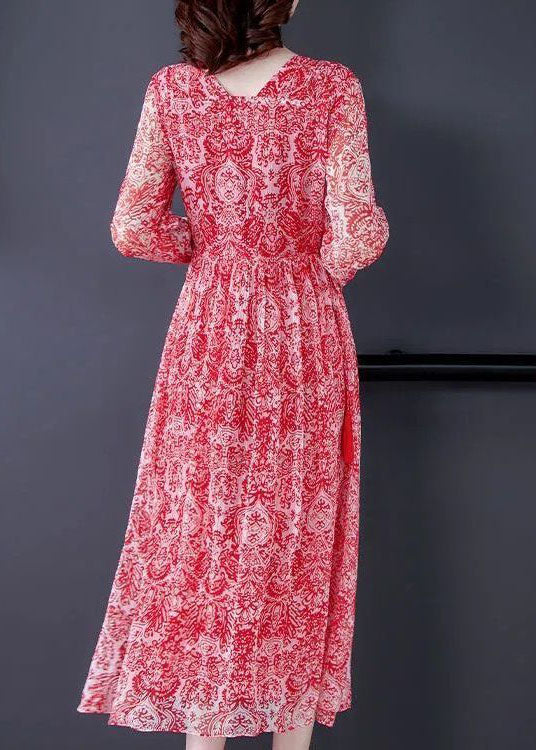 Handmade Red Cinched Print Silk Long Dress Spring LY0534 - fabuloryshop