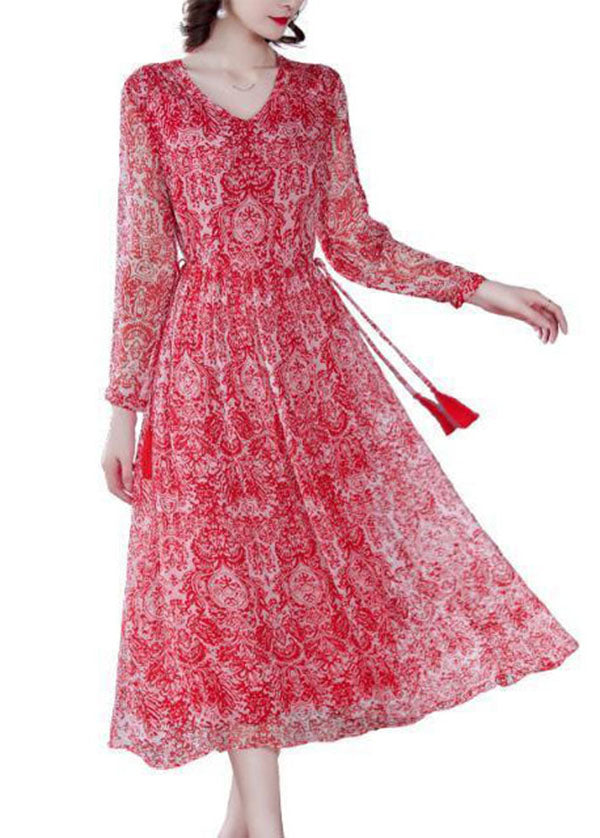 Handmade Red Cinched Print Silk Long Dress Spring LY0534 - fabuloryshop