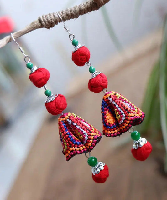 Handmade Red Cotton Linen Embroidered Floral Drop Earrings Ada Fashion