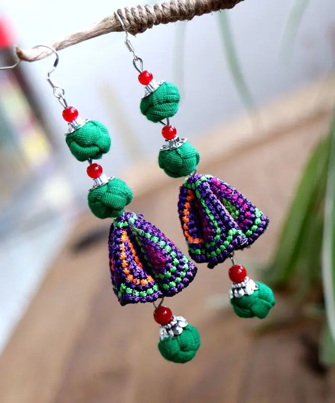 Handmade Red Cotton Linen Embroidered Floral Drop Earrings Ada Fashion