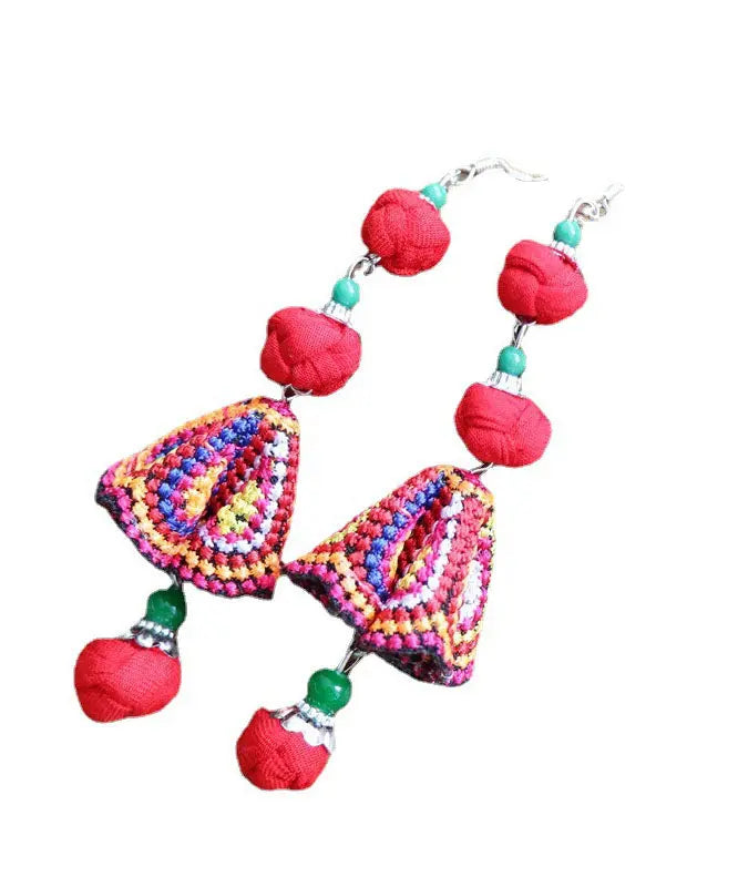 Handmade Red Cotton Linen Embroidered Floral Drop Earrings Ada Fashion