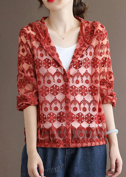 Handmade Red Embroideried Patchwork Cotton Hooded Coat Long Sleeve LY6243 - fabuloryshop