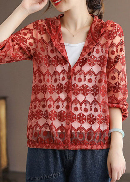 Handmade Red Embroideried Patchwork Cotton Hooded Coat Long Sleeve LY6243 - fabuloryshop