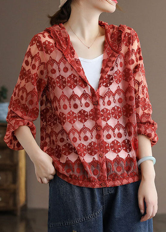 Handmade Red Embroideried Patchwork Cotton Hooded Coat Long Sleeve LY6243 - fabuloryshop