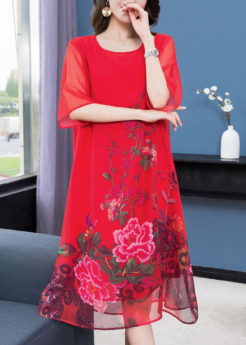 Handmade Red O Neck Floral Patchwork Chiffon Dress Summer Ada Fashion