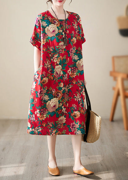 Handmade Red O-Neck Print Cotton Long Dress Short Sleeve LY6074 - fabuloryshop