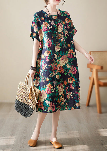 Handmade Red O-Neck Print Cotton Long Dress Short Sleeve LY6074 - fabuloryshop