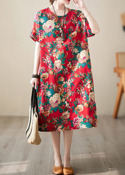 Handmade Red O-Neck Print Cotton Long Dress Short Sleeve LY6074 - fabuloryshop