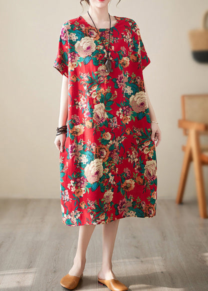 Handmade Red O-Neck Print Cotton Long Dress Short Sleeve LY6074 - fabuloryshop