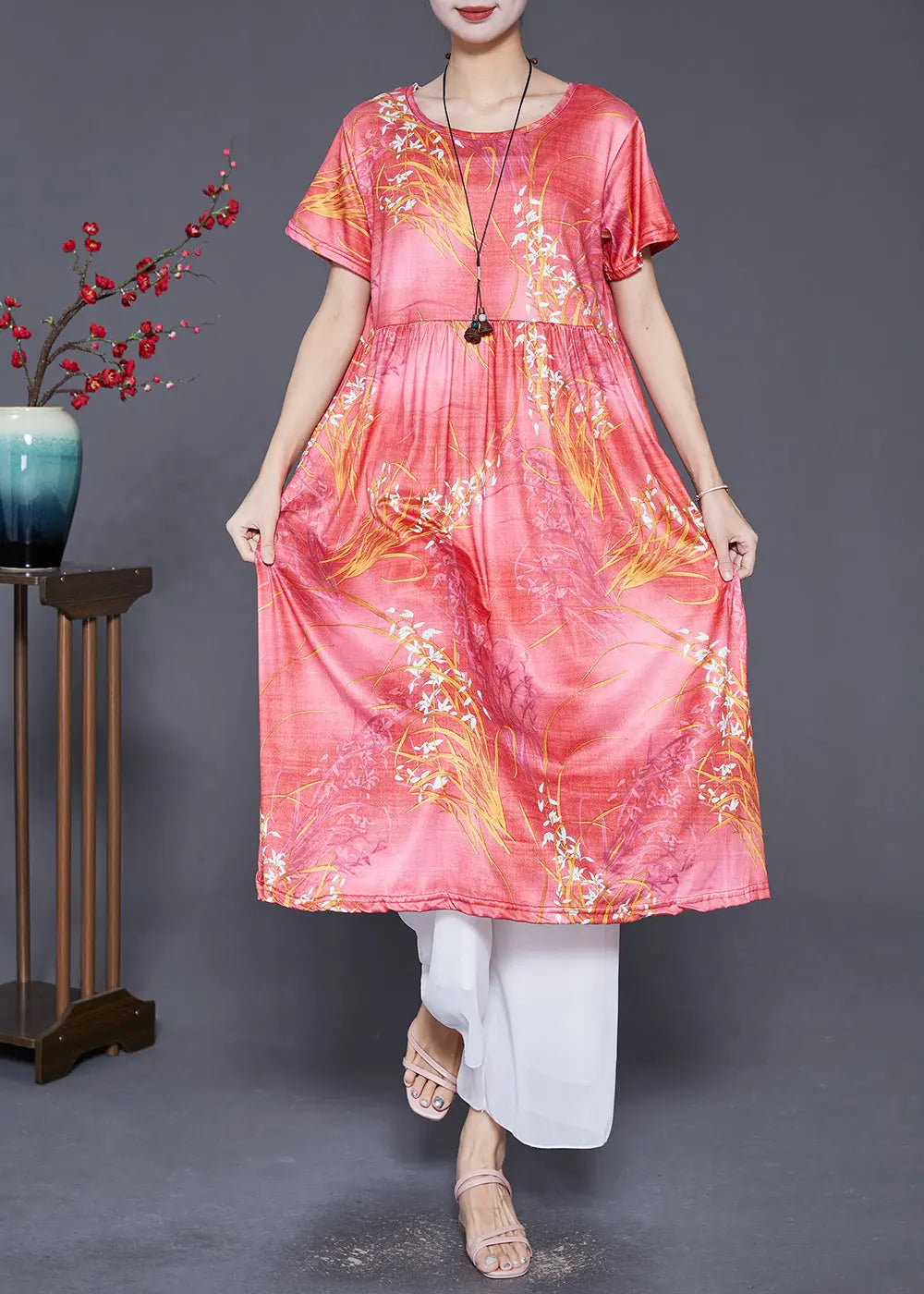 Handmade Red O-Neck Print Cotton Maxi Dresses Summer Ada Fashion