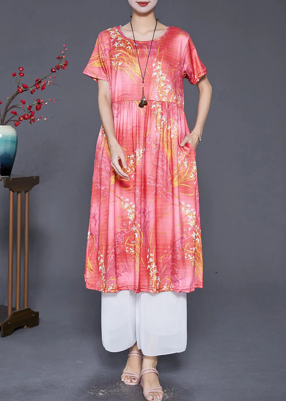 Handmade Red O-Neck Print Cotton Maxi Dresses Summer Ada Fashion