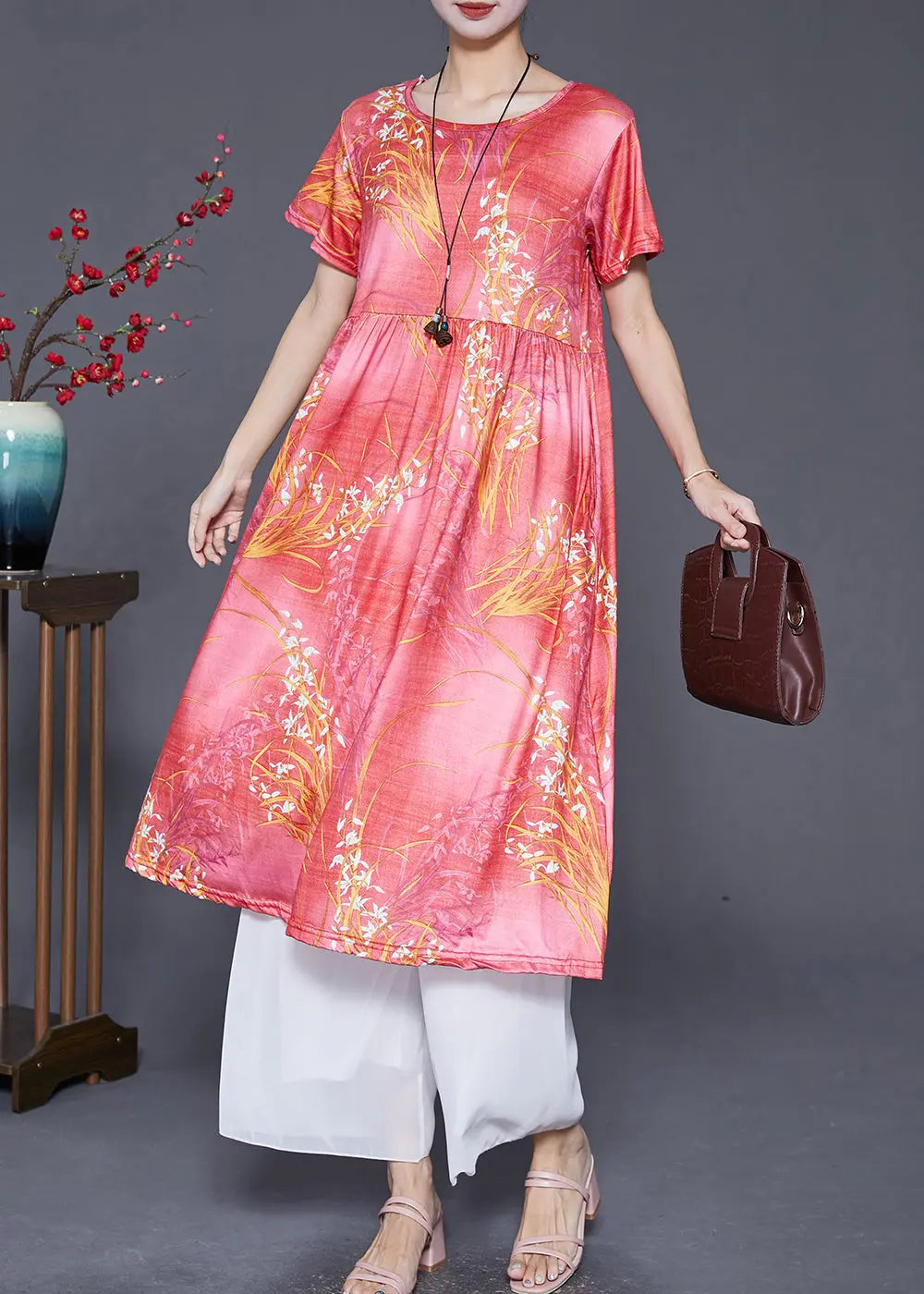 Handmade Red O-Neck Print Cotton Maxi Dresses Summer Ada Fashion