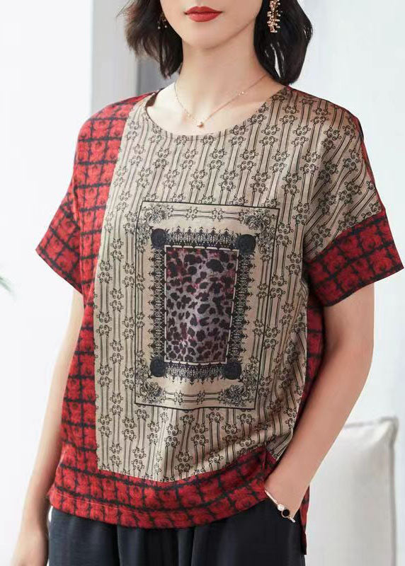 Handmade Red O Neck Print Patchwork Silk T Shirt Top Short Sleeve LY4548 - fabuloryshop