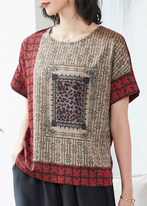 Handmade Red O Neck Print Patchwork Silk T Shirt Top Short Sleeve LY4548 - fabuloryshop