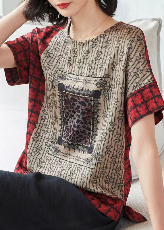 Handmade Red O Neck Print Patchwork Silk T Shirt Top Short Sleeve LY4548 - fabuloryshop