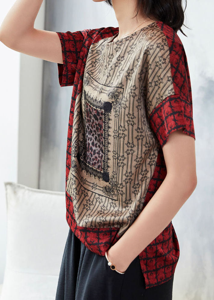 Handmade Red O Neck Print Patchwork Silk T Shirt Top Short Sleeve LY4548 - fabuloryshop