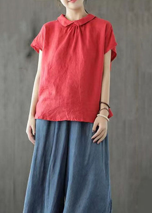 Handmade Red Peter Pan Collar Button Patchwork Linen Top Short Sleeve LY6241 - fabuloryshop