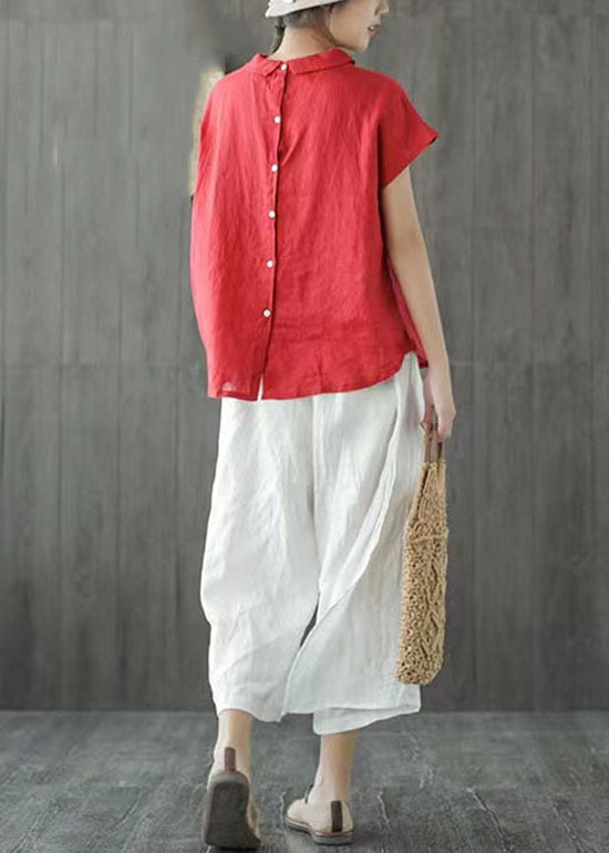 Handmade Red Peter Pan Collar Button Patchwork Linen Top Short Sleeve LY6241 - fabuloryshop