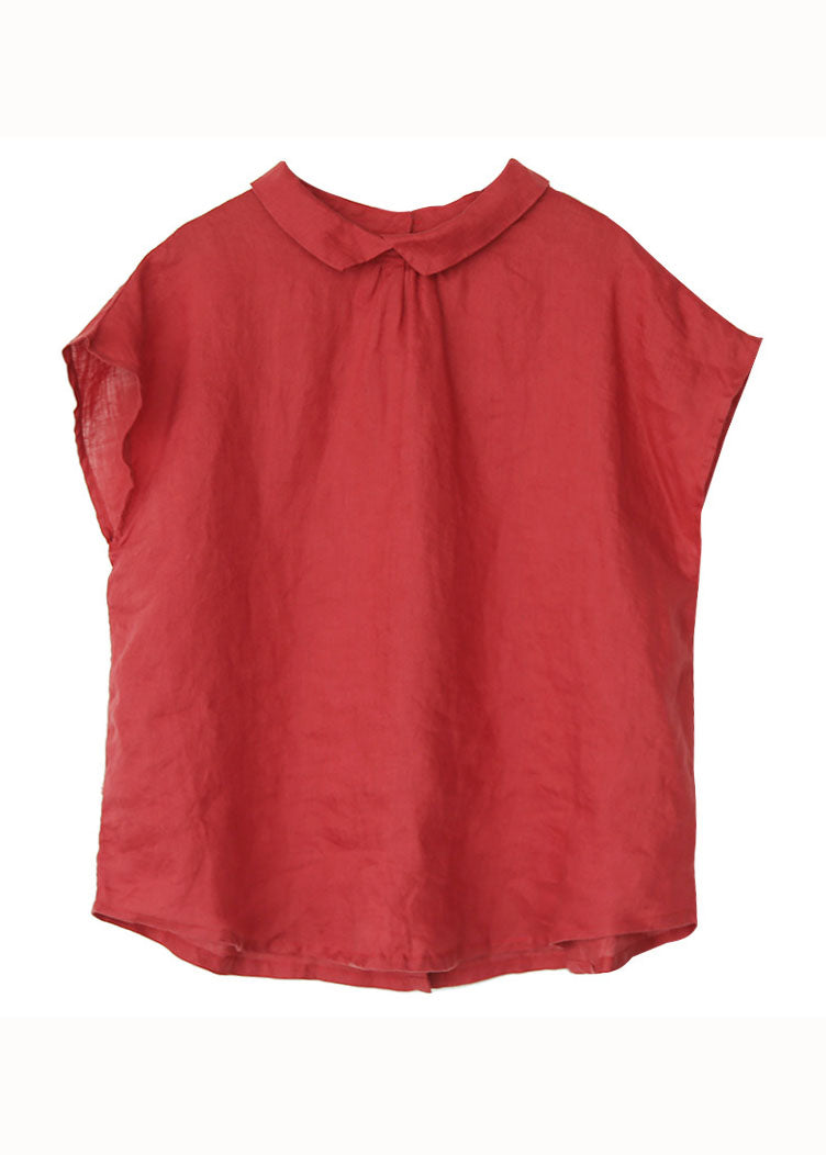 Handmade Red Peter Pan Collar Button Patchwork Linen Top Short Sleeve LY6241 - fabuloryshop