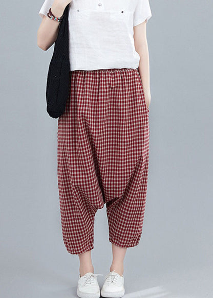 Handmade Red Plaid Pockets Patchwork Cotton Crop Pants Summer LY5716 - fabuloryshop