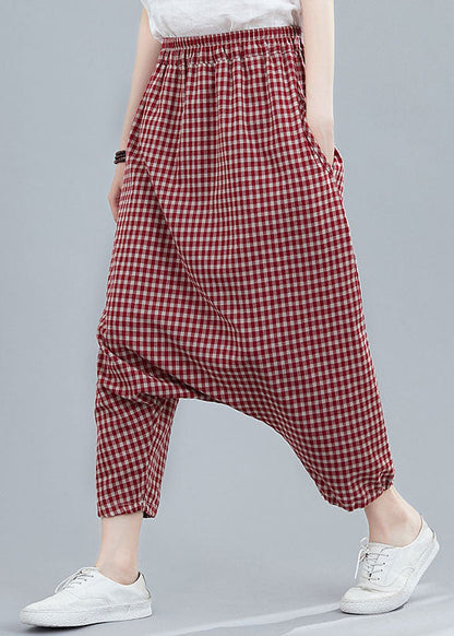 Handmade Red Plaid Pockets Patchwork Cotton Crop Pants Summer LY5716 - fabuloryshop