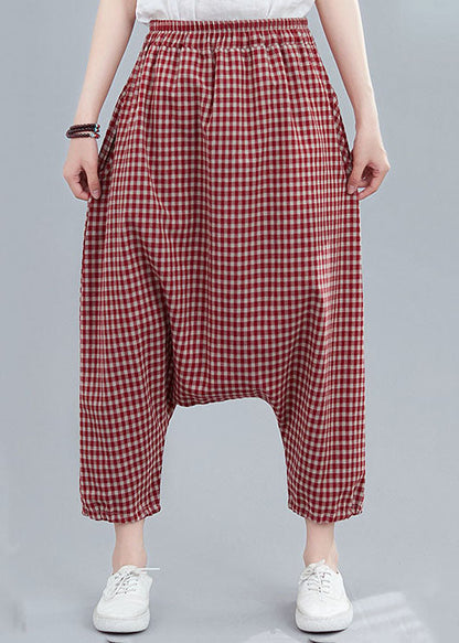 Handmade Red Plaid Pockets Patchwork Cotton Crop Pants Summer LY5716 - fabuloryshop