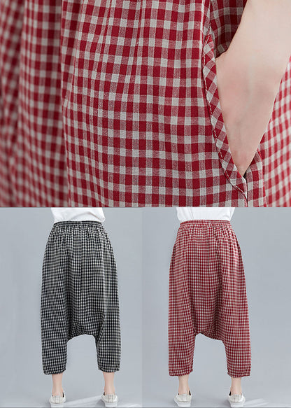 Handmade Red Plaid Pockets Patchwork Cotton Crop Pants Summer LY5716 - fabuloryshop