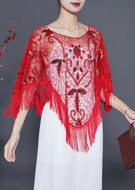 Handmade Red Sequins Tassel Tulle Tops Summer LY5544 - fabuloryshop