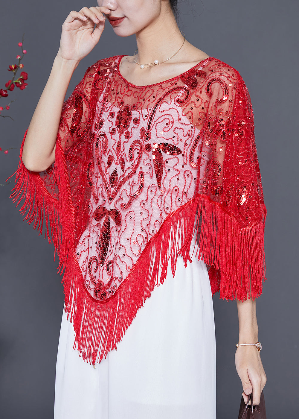 Handmade Red Sequins Tassel Tulle Tops Summer LY5544 - fabuloryshop