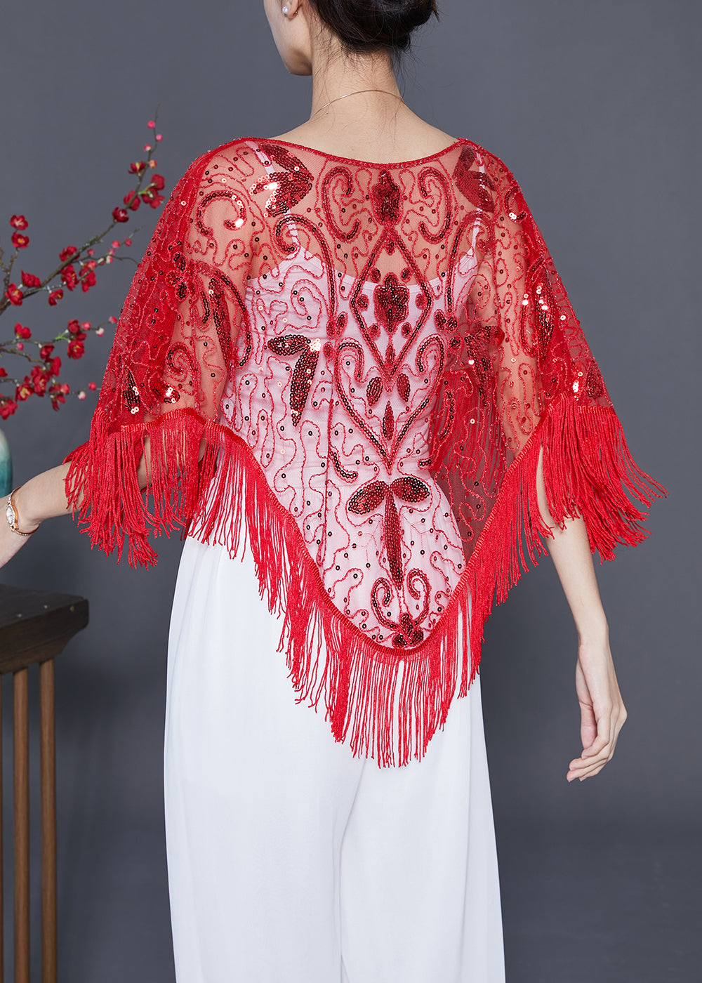 Handmade Red Sequins Tassel Tulle Tops Summer LY5544 - fabuloryshop