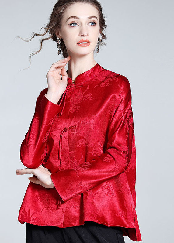 Handmade Red Tasseled Chinese Button Jacquard Patchwork Silk Shirts Spring LY0985 - fabuloryshop