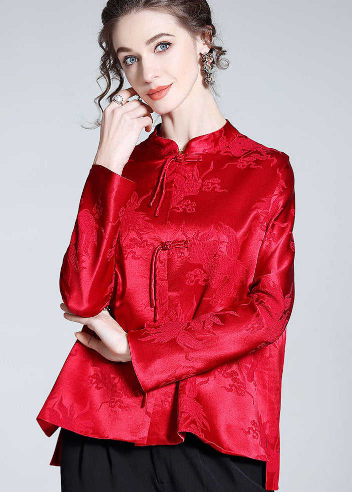 Handmade Red Tasseled Chinese Button Jacquard Patchwork Silk Shirts Spring LY0985 - fabuloryshop