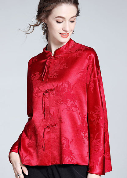 Handmade Red Tasseled Chinese Button Jacquard Patchwork Silk Shirts Spring LY0985 - fabuloryshop