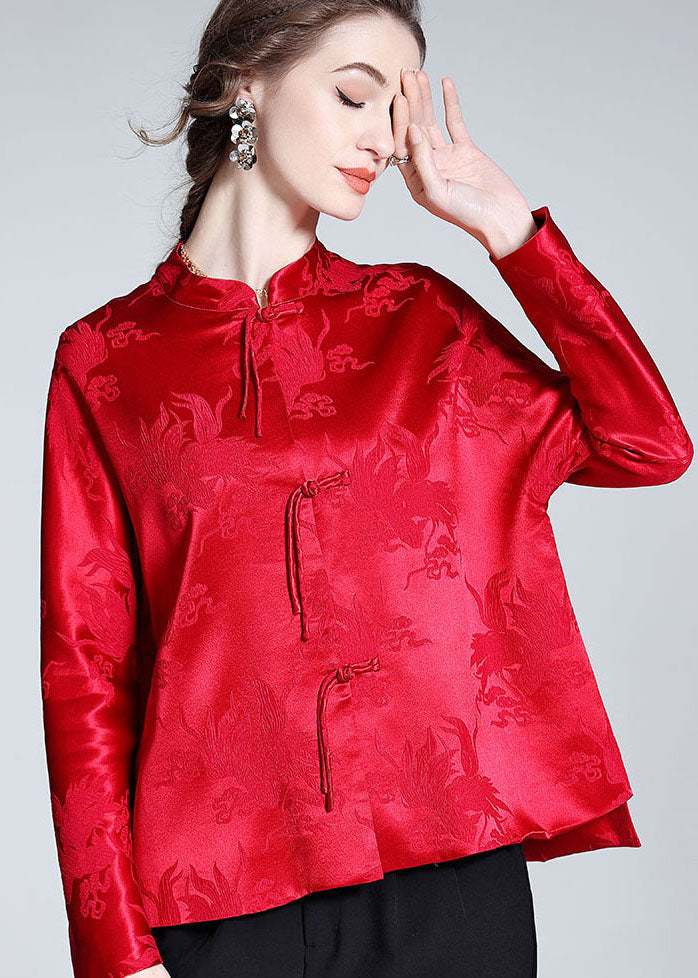 Handmade Red Tasseled Chinese Button Jacquard Patchwork Silk Shirts Spring LY0985 - fabuloryshop