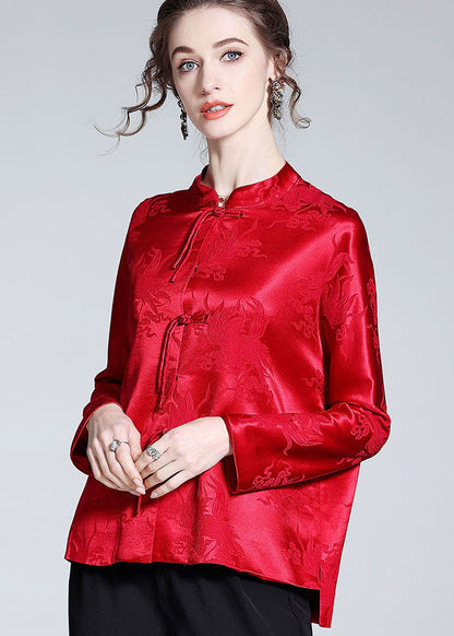 Handmade Red Tasseled Chinese Button Jacquard Patchwork Silk Shirts Spring LY0985 - fabuloryshop