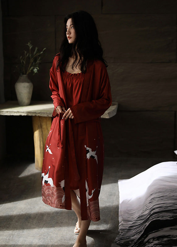 Handmade Red V Neck Print Tie Waist Ice Silk Robe And Vest Two Piece Set Spring TO1020 - fabuloryshop
