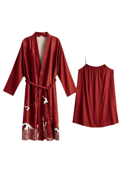 Handmade Red V Neck Print Tie Waist Ice Silk Robe And Vest Two Piece Set Spring TO1020 - fabuloryshop