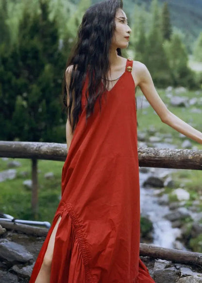 Handmade Red V Neck Wrinkled Mopping Slip Dresses Summer Ada Fashion