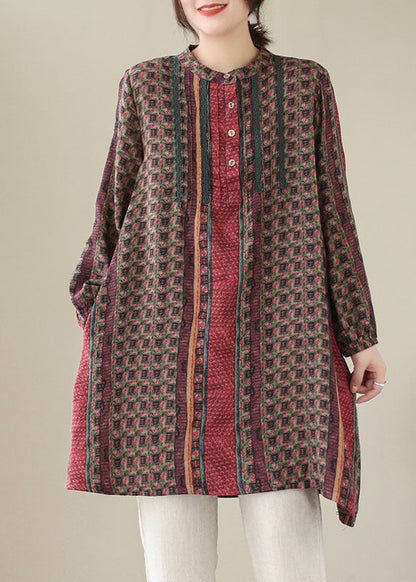 Handmade Red Wrinkled Print Cotton Mid Shirts Dress Spring LY5662 - fabuloryshop