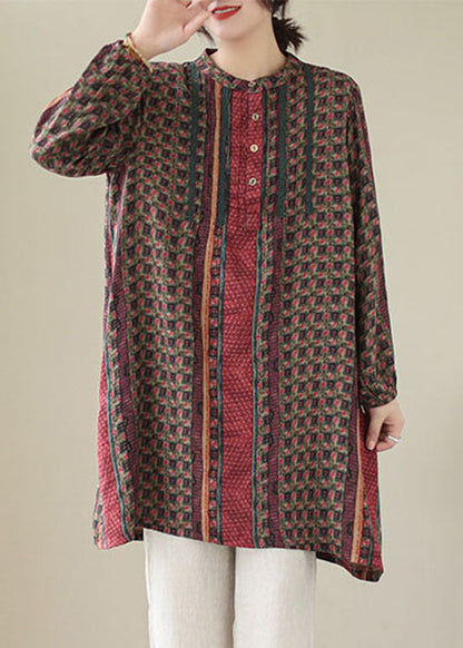 Handmade Red Wrinkled Print Cotton Mid Shirts Dress Spring LY5662 - fabuloryshop