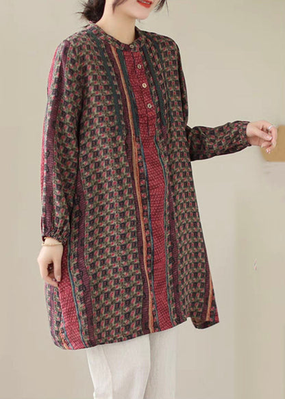 Handmade Red Wrinkled Print Cotton Mid Shirts Dress Spring LY5662 - fabuloryshop