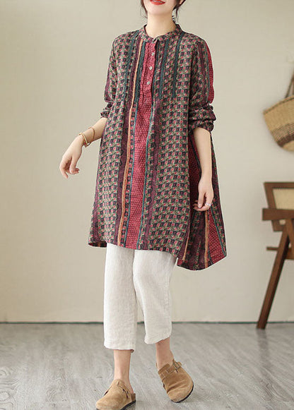 Handmade Red Wrinkled Print Cotton Mid Shirts Dress Spring LY5662 - fabuloryshop