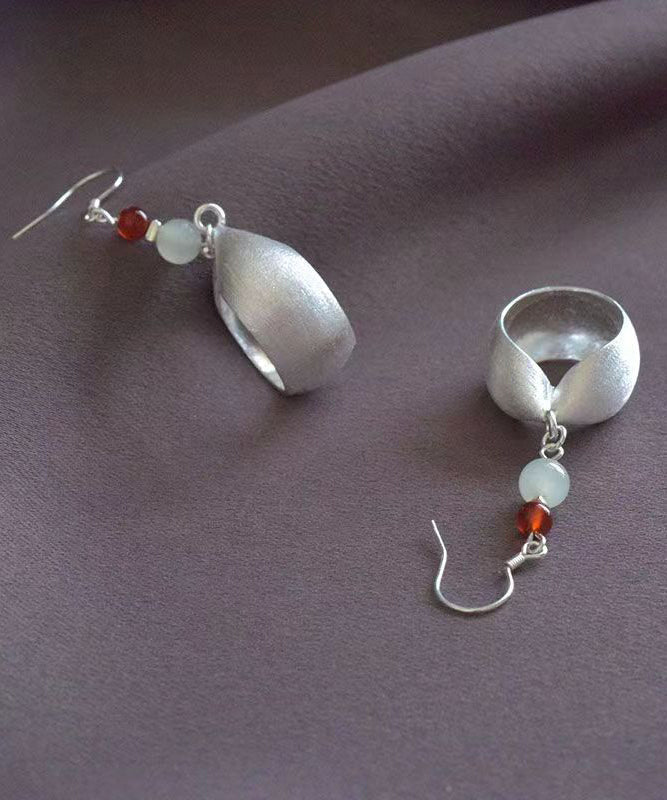 Handmade Retro Jade Patchwork Silver Drop Earrings Ada Fashion