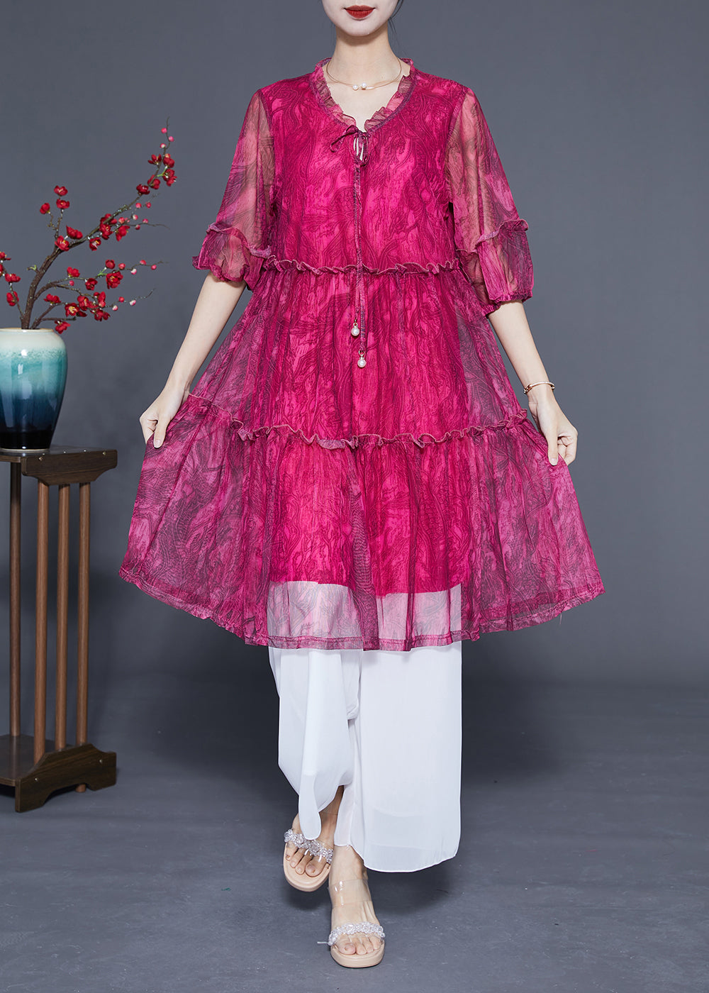 Handmade Rose Ruffled Exra Large Hem Chiffon Party Dress Half Sleeve LC0429 - fabuloryshop