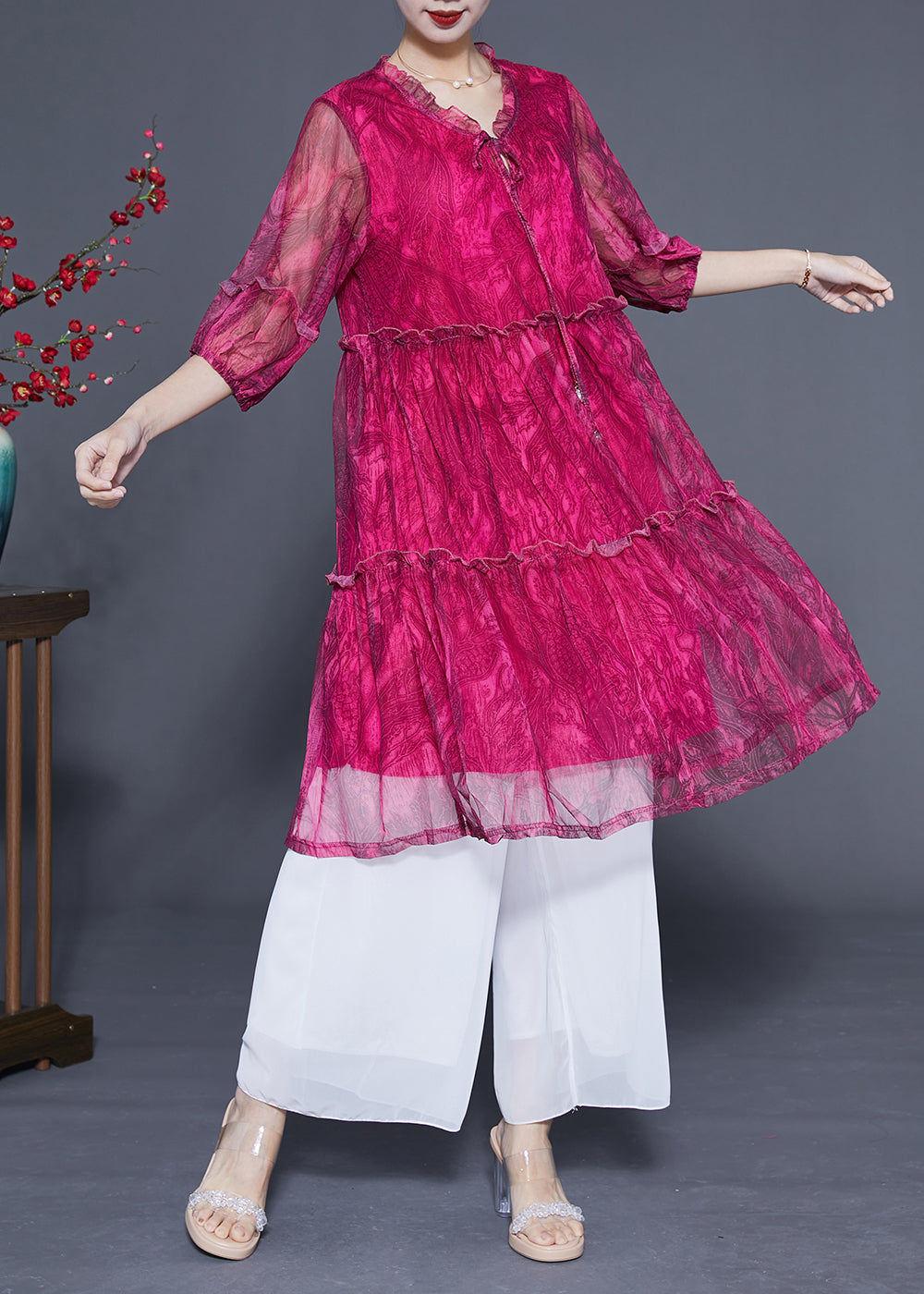 Handmade Rose Ruffled Exra Large Hem Chiffon Party Dress Half Sleeve LC0429 - fabuloryshop