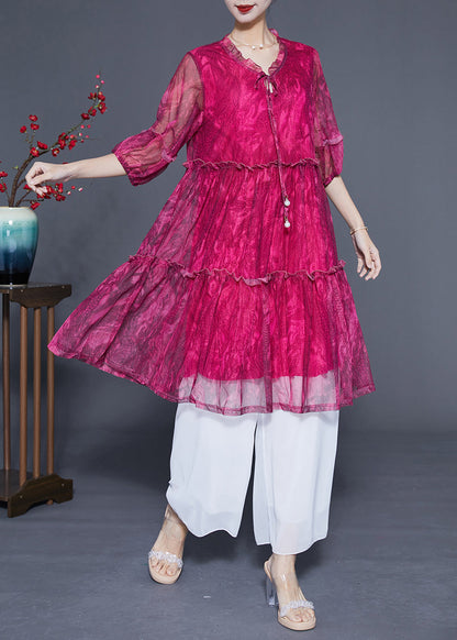 Handmade Rose Ruffled Exra Large Hem Chiffon Party Dress Half Sleeve LC0429 - fabuloryshop