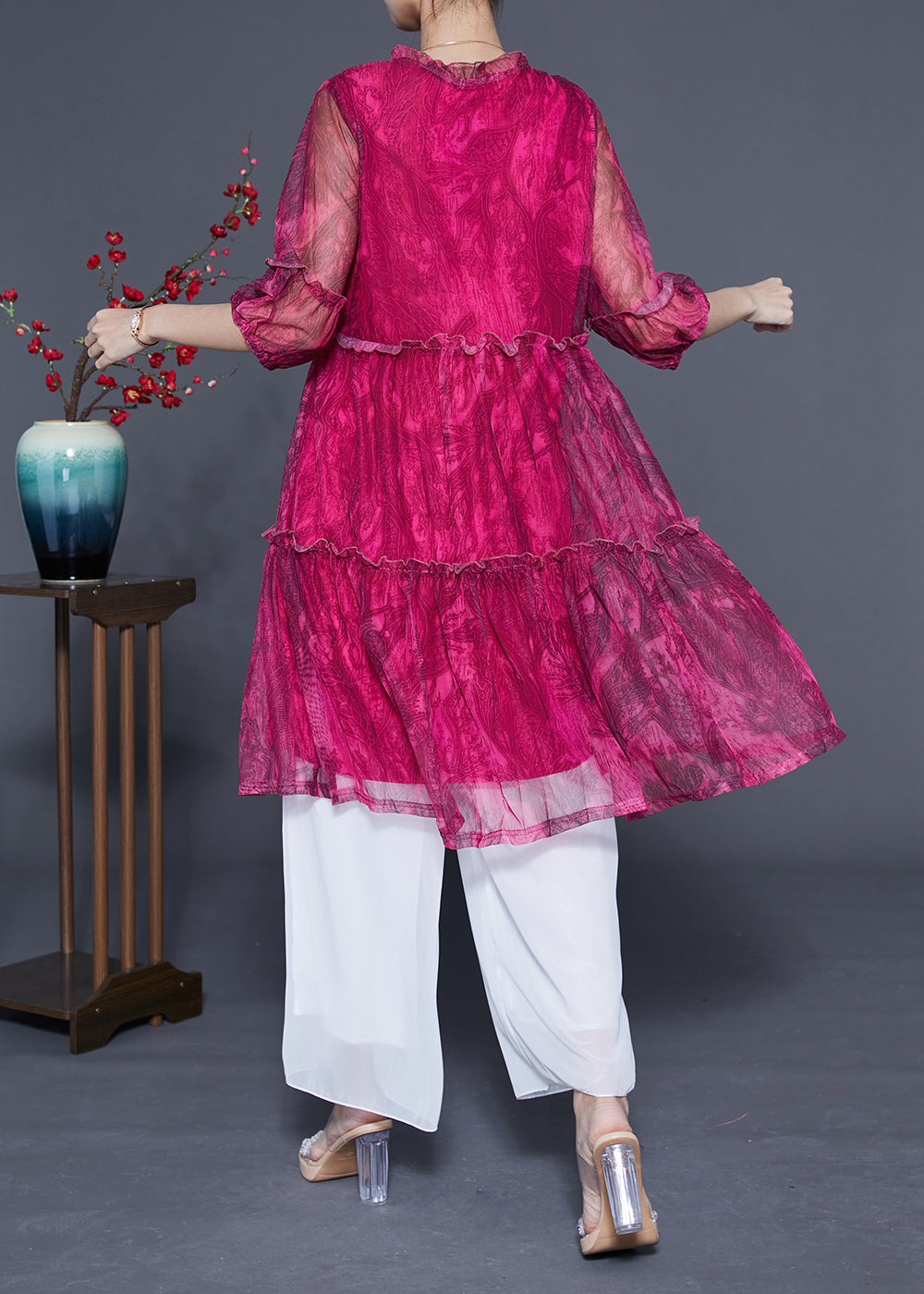 Handmade Rose Ruffled Exra Large Hem Chiffon Party Dress Half Sleeve LY1085 - fabuloryshop