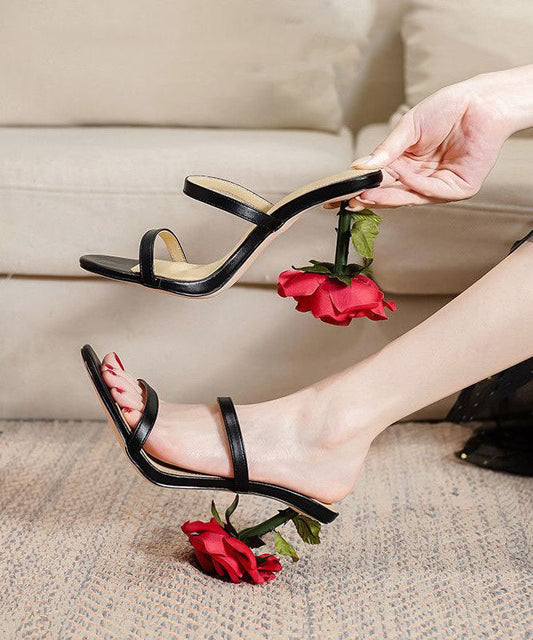 Handmade Rose Splicing Stiletto High Heel Slippers Black Faux Leather LY4348 - fabuloryshop