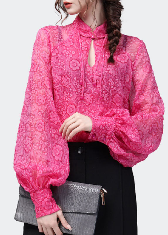 Handmade Rose Stand Collar Print Patchwork Chiffon Blouses Spring LY4629 - fabuloryshop